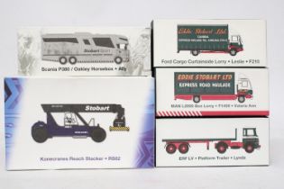 FIVE AS NEW BOXED EDDIE STOBART VEHICLES FOUR NAMED TO INCLUDE A SCANIA P380 OAKLEY HORSEBOX, A FORD