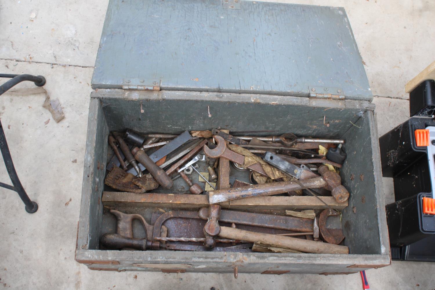 TWO VINTAGE WOODEN TOOL CHESTS WITH AN ASSORTMENT OF TOOLS TO INCLUDE HAMMERS AND SPANNERS ETC - Image 4 of 4