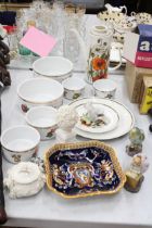 A MIXED LOT TO INCLUDE A GIEN FRANCE DISH, VINTAGE GIRL FIGURINE, ENAMEL TRINKET BOX, ALFRED