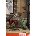 A THREE MODERN GLASS FLOWER DESIGN METAL CANDLE HOLDERS PLUS LARGE GLASS VASE