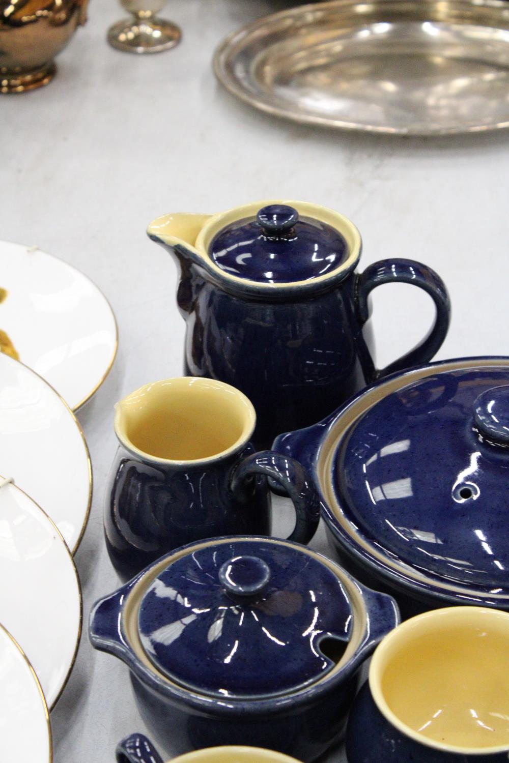 A QUANTITY OF DENBY COBALT BLUE STONEWARE TO INCLUDE A COFFEEPOT, LIDDED TUREEN, CUPS AND SAUCERS, - Image 2 of 6