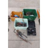 AN ASSORTMENT OF TOOLS TO INCLUDE BOLT CUTTERS, BRACE DRILLS AND HAMMERS ETC