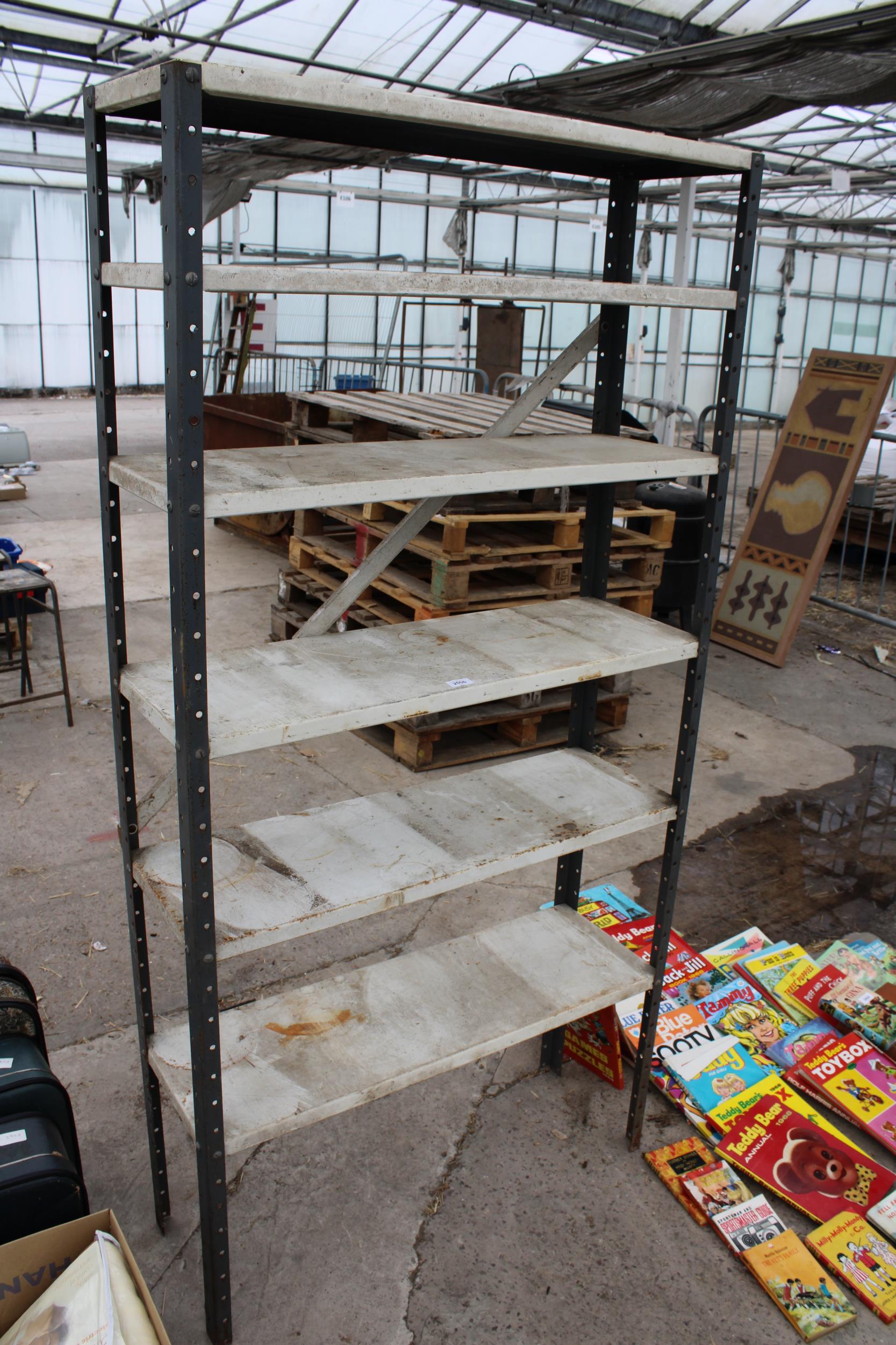 A FIVE TIER METAL WORKSHOP SHELVING UNIT