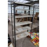 A FIVE TIER METAL WORKSHOP SHELVING UNIT