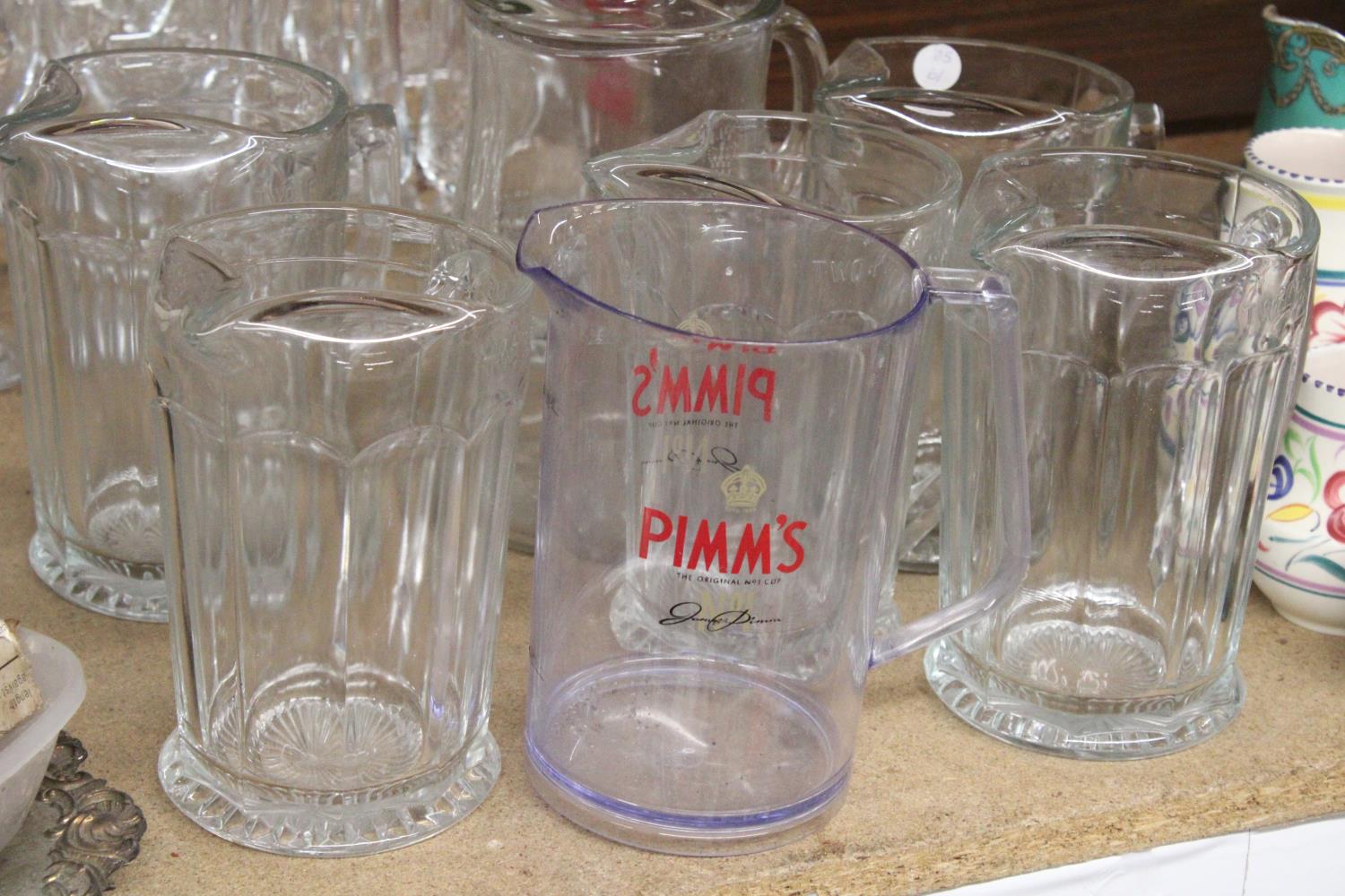 FIVE CHUNKY GLASS TWO PINT BEER JUGS, ONE FOUR PINT PLUS ONE PIMMS - Image 2 of 3