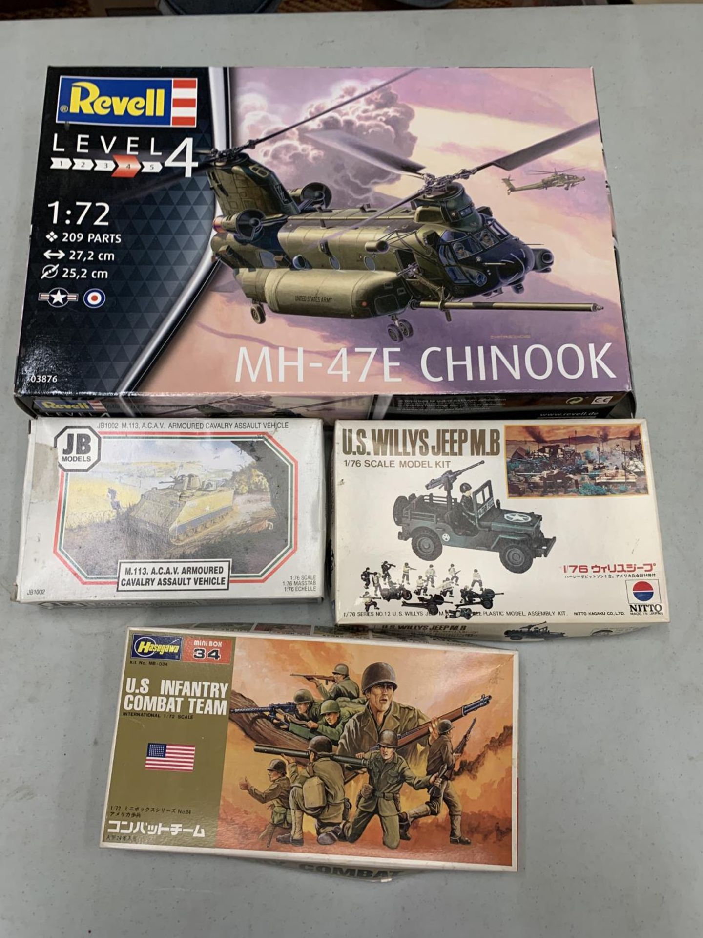 FOUR BOXED MILITARY KITS TO INCLUDE VEHICLES AND INFANTRY TEAM