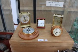 FOUR VARIOUS CLOCKS AND A BAROMETER AND A PINE BOX