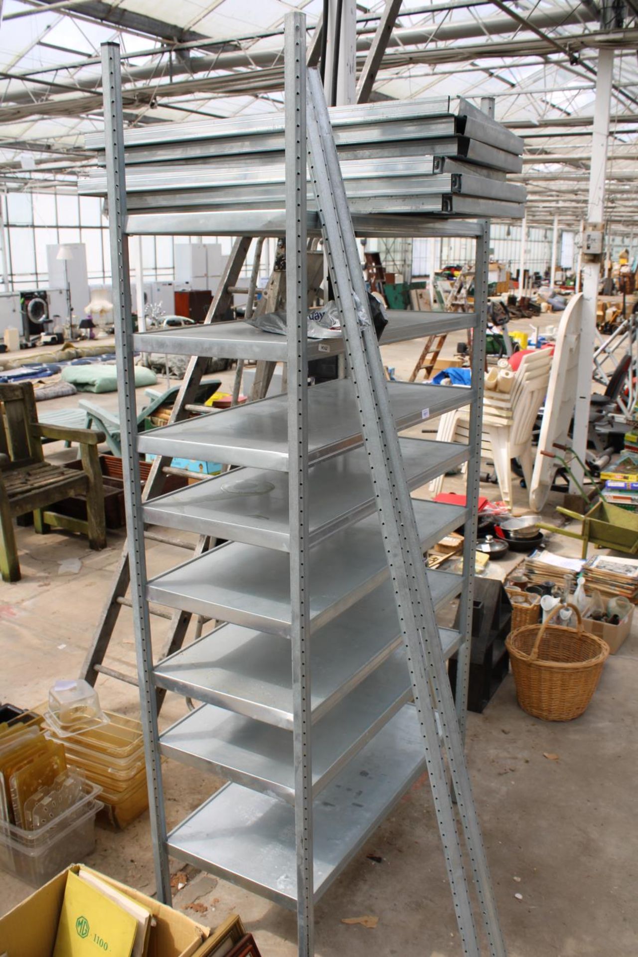 A METAL SHELVING UNIT WITH TWO SPARE UPRIGHTS, SEVEN EXTRA SHELVES AND BRACKETS ETC - Image 2 of 2