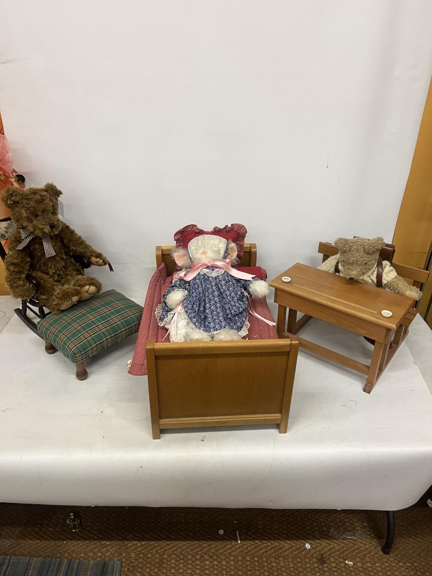THREE VARIOUS TEDDY BEARS TO INCLUDE A RUSS, COMPLETE WITH THREE PIECES OF TEDDY BEAR FURNITURE TO