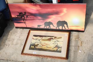 A FRAMED PRINT AND A FURTHER CANVAS PRINT OF ELEPHANTS