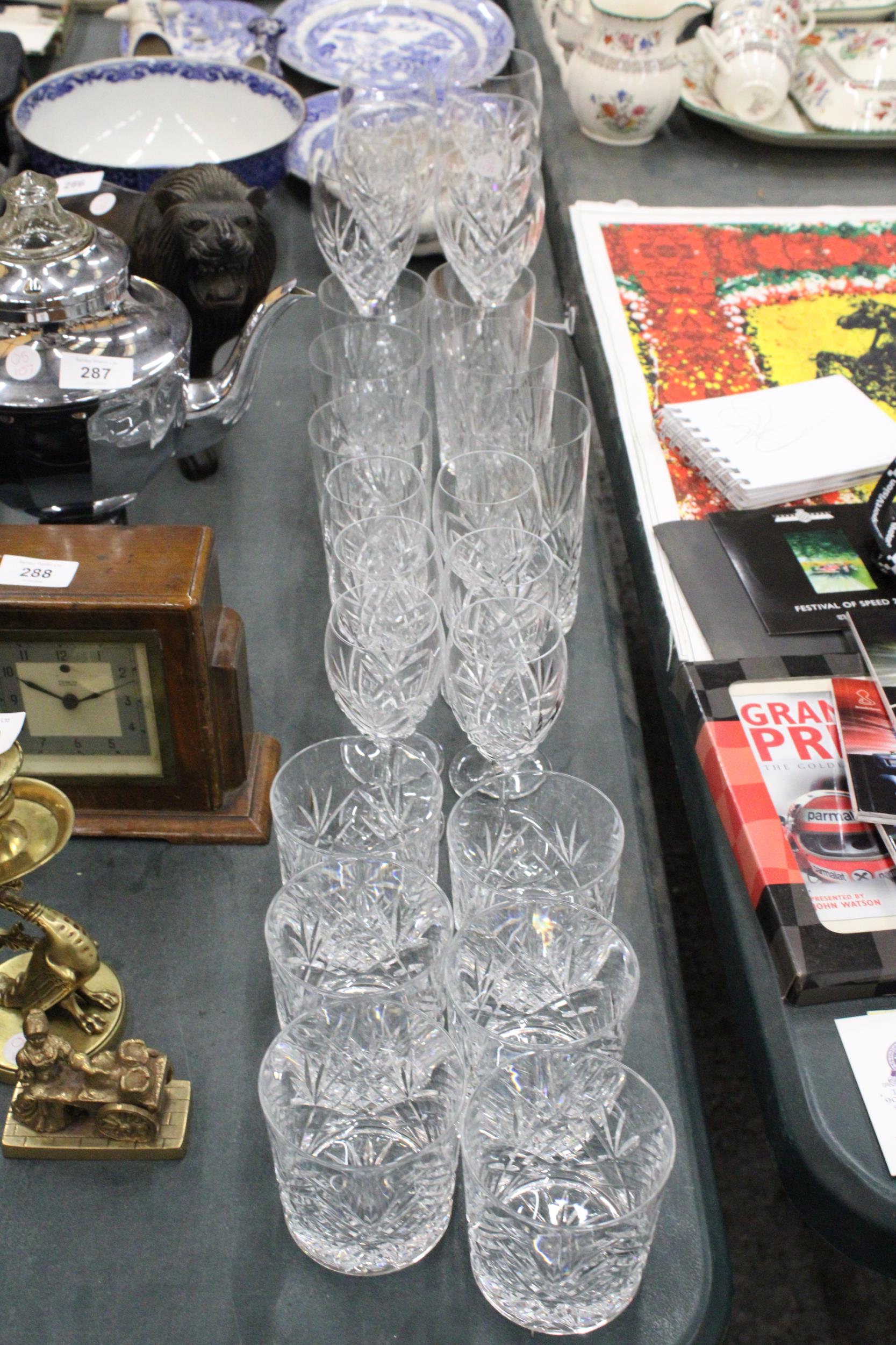 A QUANTITY OF CUT GLASSE TO INCLUDE ROYAL DOULTON 'JULIETTE' WINE GLASSES, SHERRY, WHISKY AND