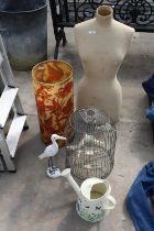 AN ASSORTMENT OF ITEMS TO INCLUDE A BIRD CAGE, A MANEQUIN AND A WATERING CAN ETC