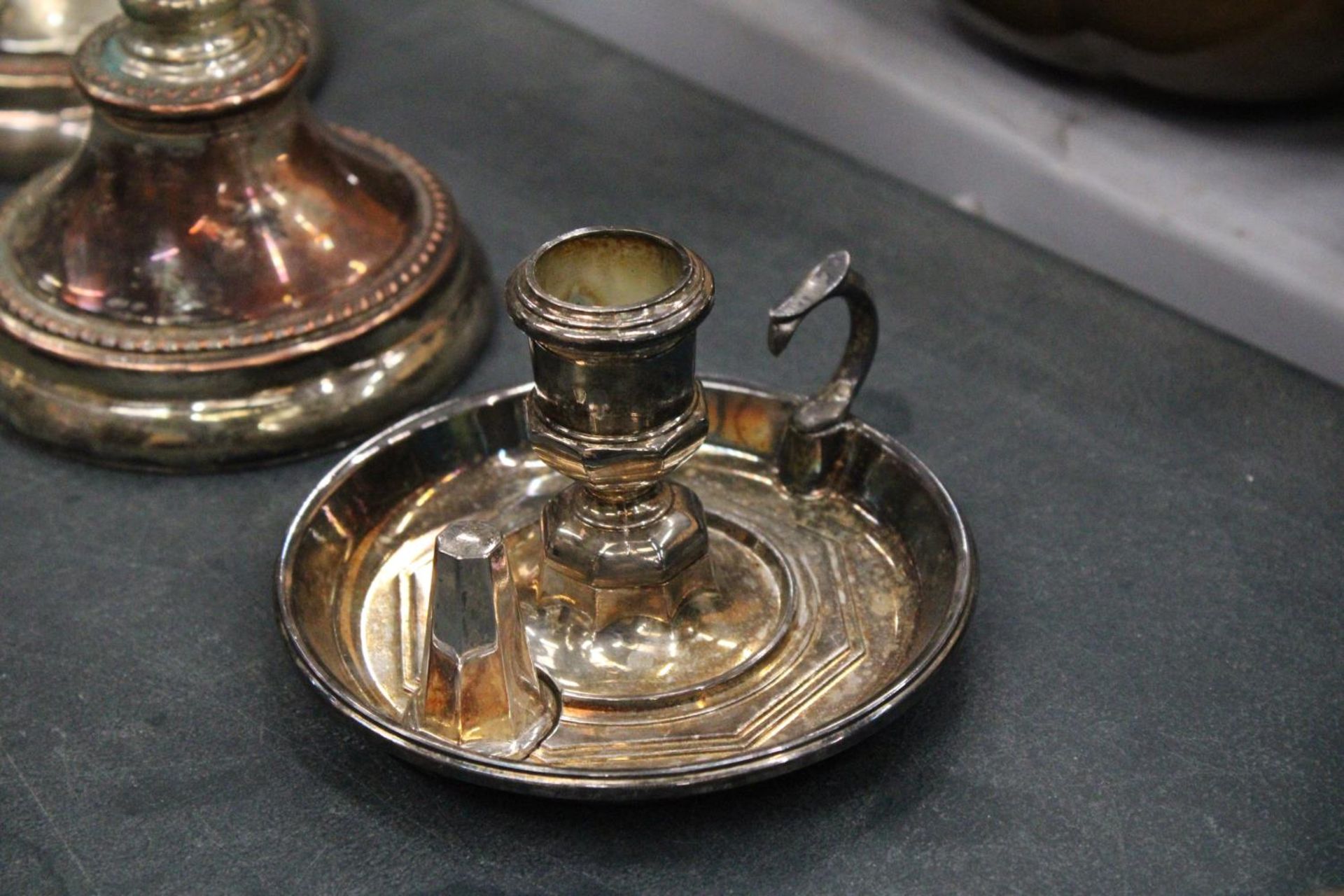 A QUANTITY OF SILVER PLATE TO INCLUDE TWO CANDLEABRAS AND A'WEE WILLIE WINKIE' CANDLESTICK WITH - Image 2 of 5