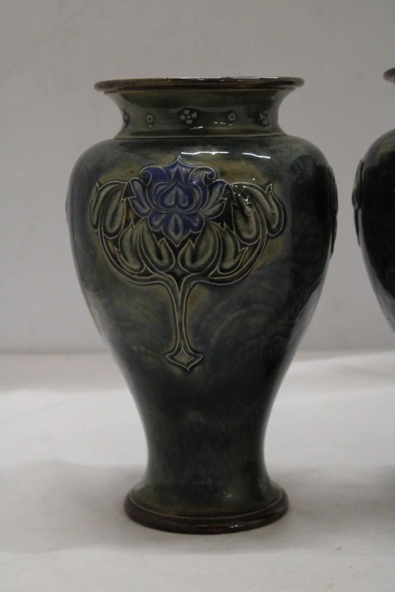 A PAIR OF ROYAL DOULTON LILY PARTINGTON ART NOUVEAU STYLE VASES WITH RELIEF FLOWERS - Image 3 of 7