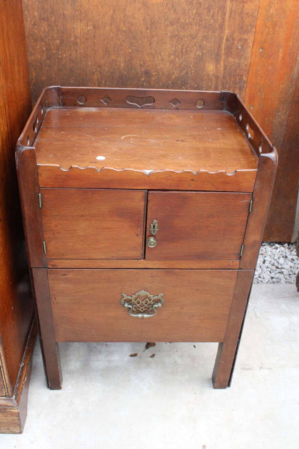 A GEORGE III MAHOGANY NIGHT TABLE WITH GALLERY BACK