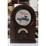 A HARLEY DAVIDSON, WOODEN RADIO, WITH THE EXTERIOR OPENING INTO SHELVES, HEIGHT 47CM, WIDTH 32CM,