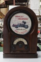 A HARLEY DAVIDSON, WOODEN RADIO, WITH THE EXTERIOR OPENING INTO SHELVES, HEIGHT 47CM, WIDTH 32CM,