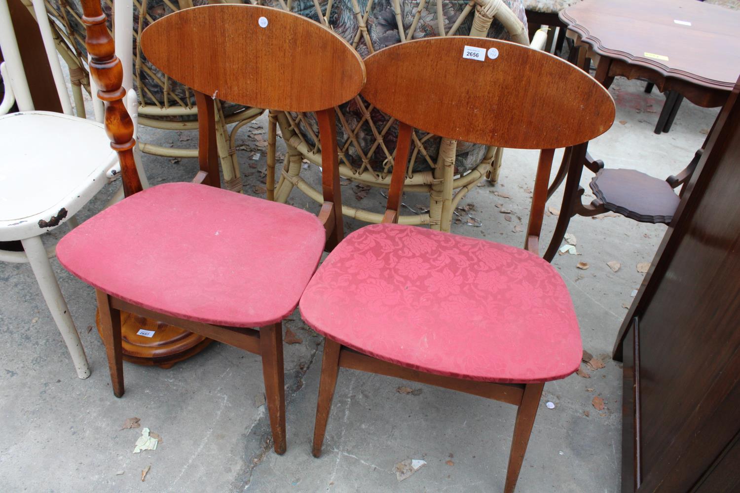 A PAIR OF RETRO TEAK DINING CHAIRS, PAINTED BENTWOOD BEDROOM CHAIR AND A TURNED COLUMN STANDARD LAMP - Image 3 of 4