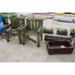 TWO WOODEN TROUGHS AND TWO WOODEN GARDEN CHAIRS