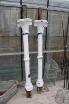 A PAIR OF DECORATIVE MID TO LATE 19TH CENTURY SCUMBLE PINE AND OAK PORCH POSTS WITH UPPER SCONCES (