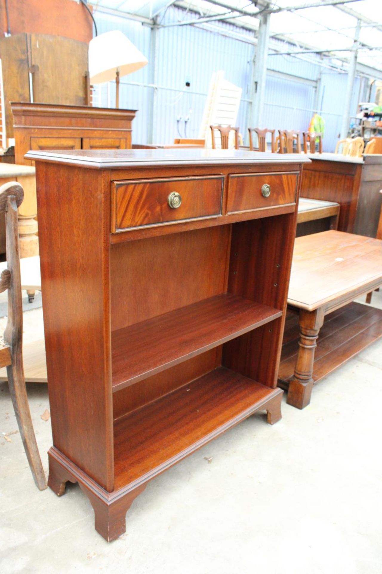 A REPRODUCTION MAHOGANY J.SYDNEY SMITH TWO TIER OPEN BOOKCASE WITH TWO FRIEZE DRAWERS - Image 2 of 2
