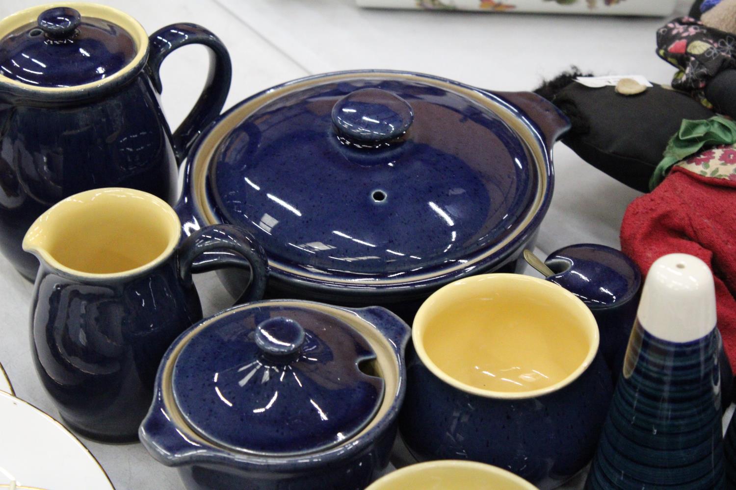 A QUANTITY OF DENBY COBALT BLUE STONEWARE TO INCLUDE A COFFEEPOT, LIDDED TUREEN, CUPS AND SAUCERS, - Image 5 of 6