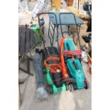 TWO ELECTRIC LAWN MOWERS TO INCLUDE A BOSCH ROTAK 34-13, A FLYMO ELECTRIC STRIMMER AND A SET OF ROOF