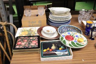 A QUAANTITY OF VINTAGE PLATES, TUDOR CRYSTAL WHISKY GLASSES AND PLACEMATS