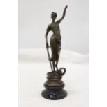 A BRONZE FIGURE BLIND JUSTICE ON A MARBLE BASE SIGNED MATER