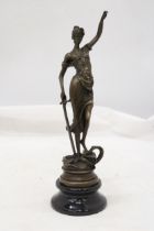 A BRONZE FIGURE BLIND JUSTICE ON A MARBLE BASE SIGNED MATER