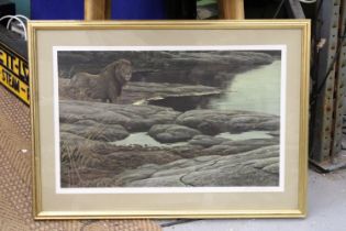 A LIMITED EDITION, 307/950, PRINT, 'LION AT THE WATERING HOLE', SIGNED BY TOP CANADIAN ARTIST,