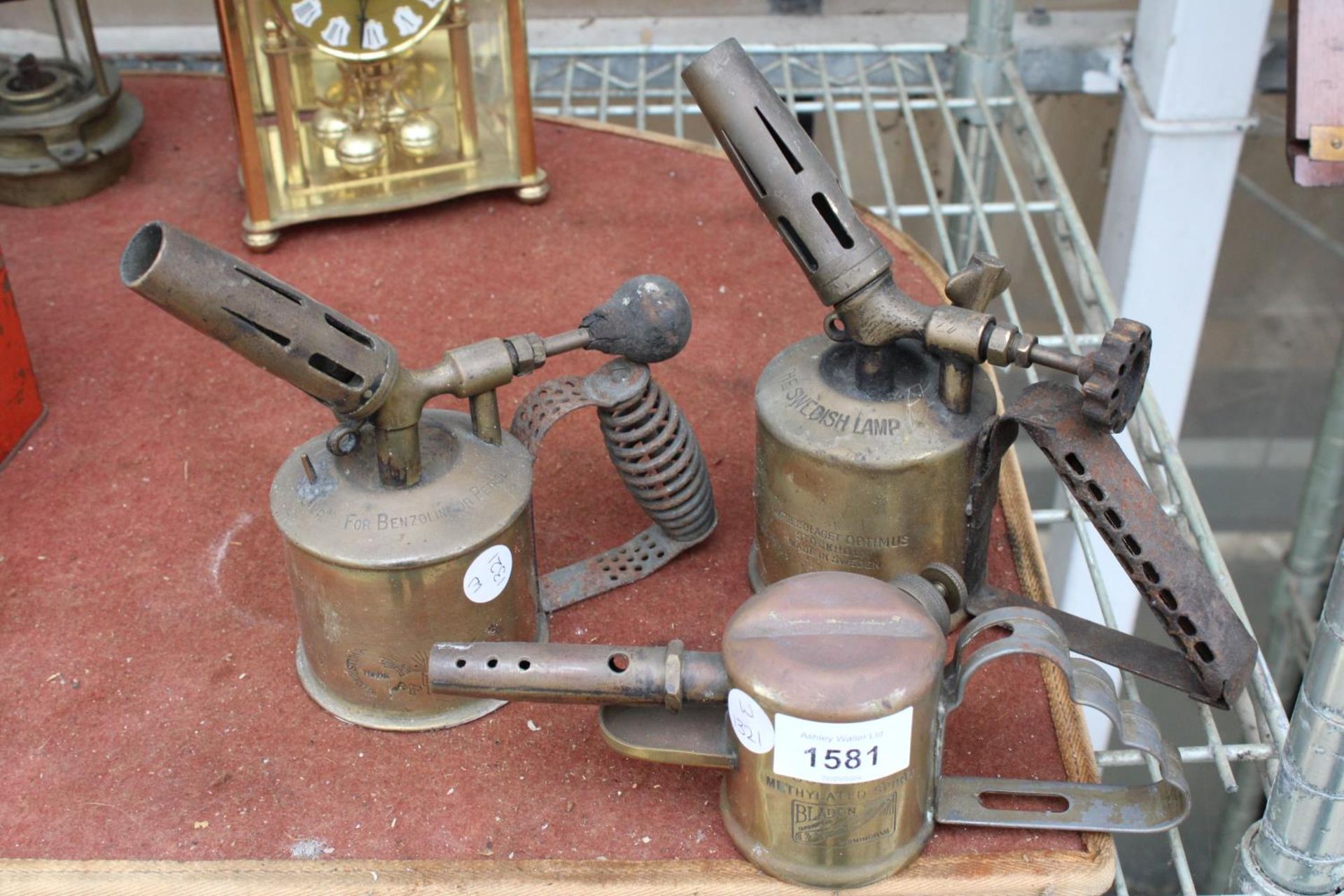 THREE VINTAGE BRASS BLOW TORCHES TO INCLUDE A BLADON AND AN MF AB ETC