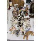A MIXED LOT TO INCLUDE ANIMAL FIGURES, AN AFRICAN WOMAN ORNAMENTAL BOWL, A PAIR OF ANGEL CANDLE
