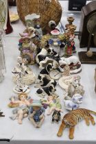 A MIXED LOT TO INCLUDE ANIMAL FIGURES, AN AFRICAN WOMAN ORNAMENTAL BOWL, A PAIR OF ANGEL CANDLE