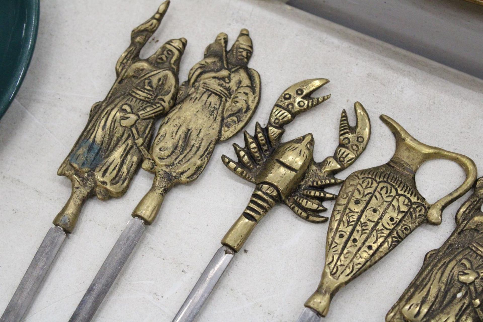 SEVEN VINTAGE BRASS MEAT SKEWERS, LOBSTER, URNS AND WARRIORS - 17 INCH LONG - Image 3 of 4