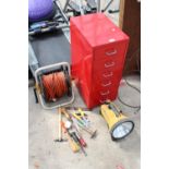 A MINIATURE SIX DRAWER METAL FILING CABINET, AN EXTENSION LEAD, A TORACH AND AN ASSORTMENT OF HAND