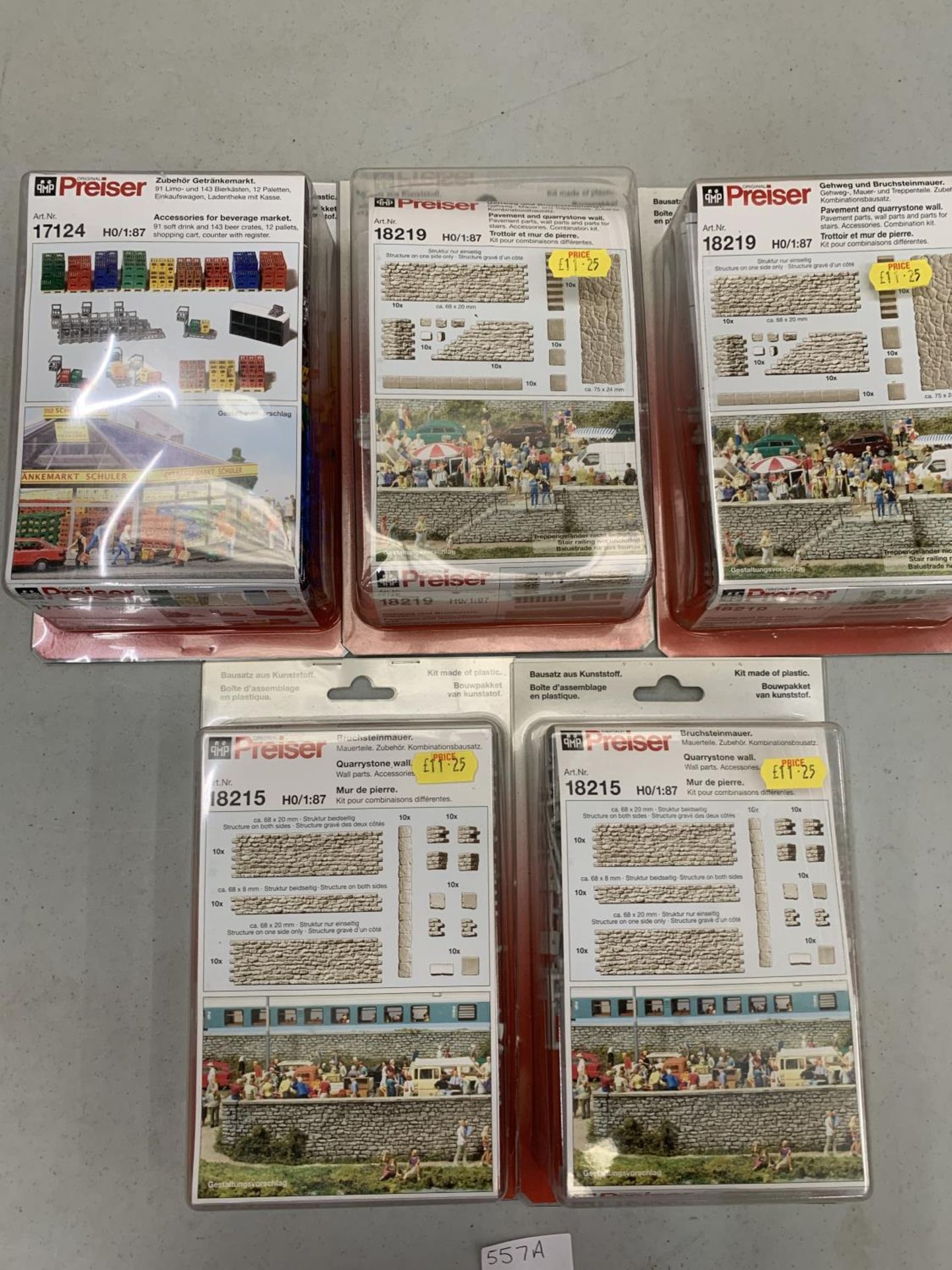 FIVE BOXED PREISER MODEL KITS, MAINLY QUARRYSTONE WALLS ETC.