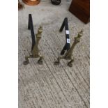 A PAIR OF DECORATIVE BRASS AND CAST IRON FIRE DOGS