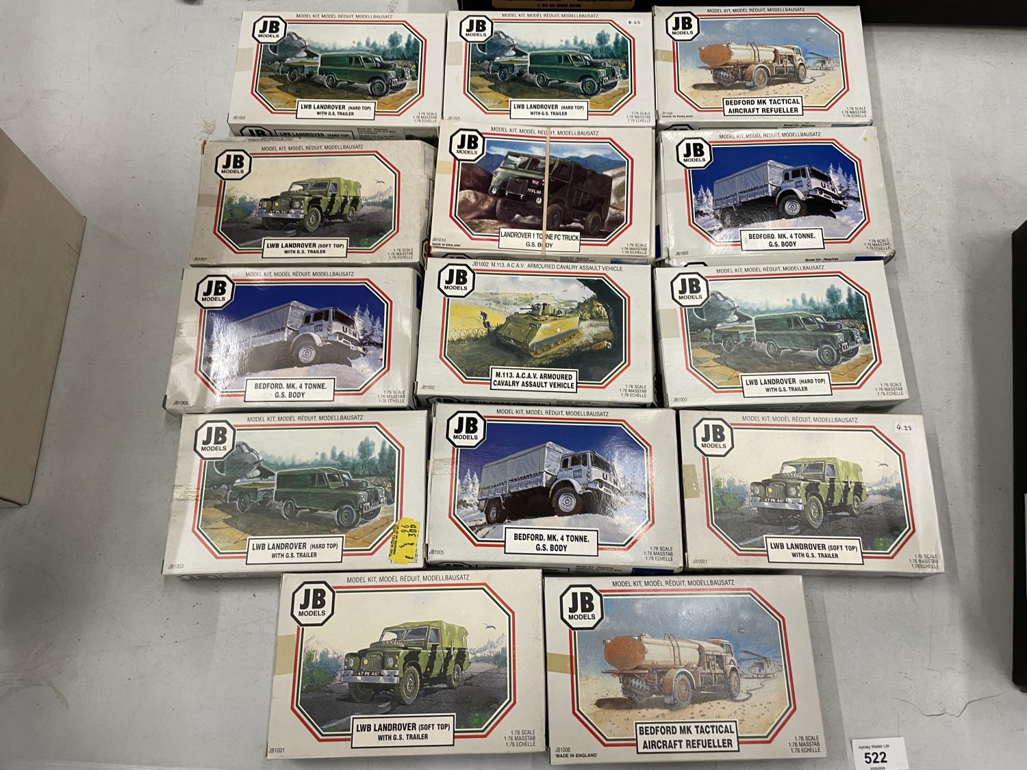 FOURTEEN BOXED JB MODELS MILITARY VEHICLE KITS 1:76 SCALE