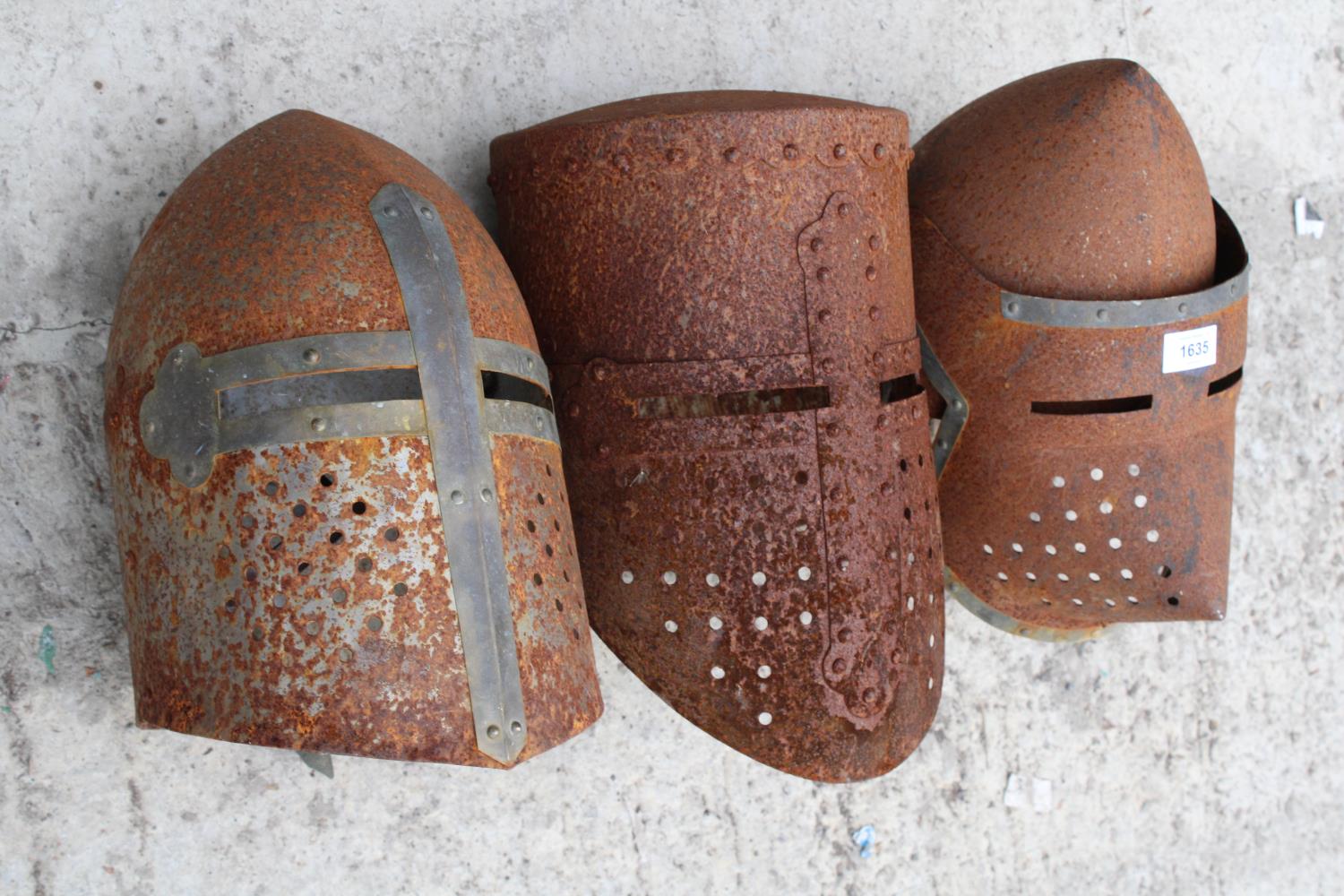 THREE RPRODUCTION METAL KNIGHTS HELMETS - Image 2 of 2