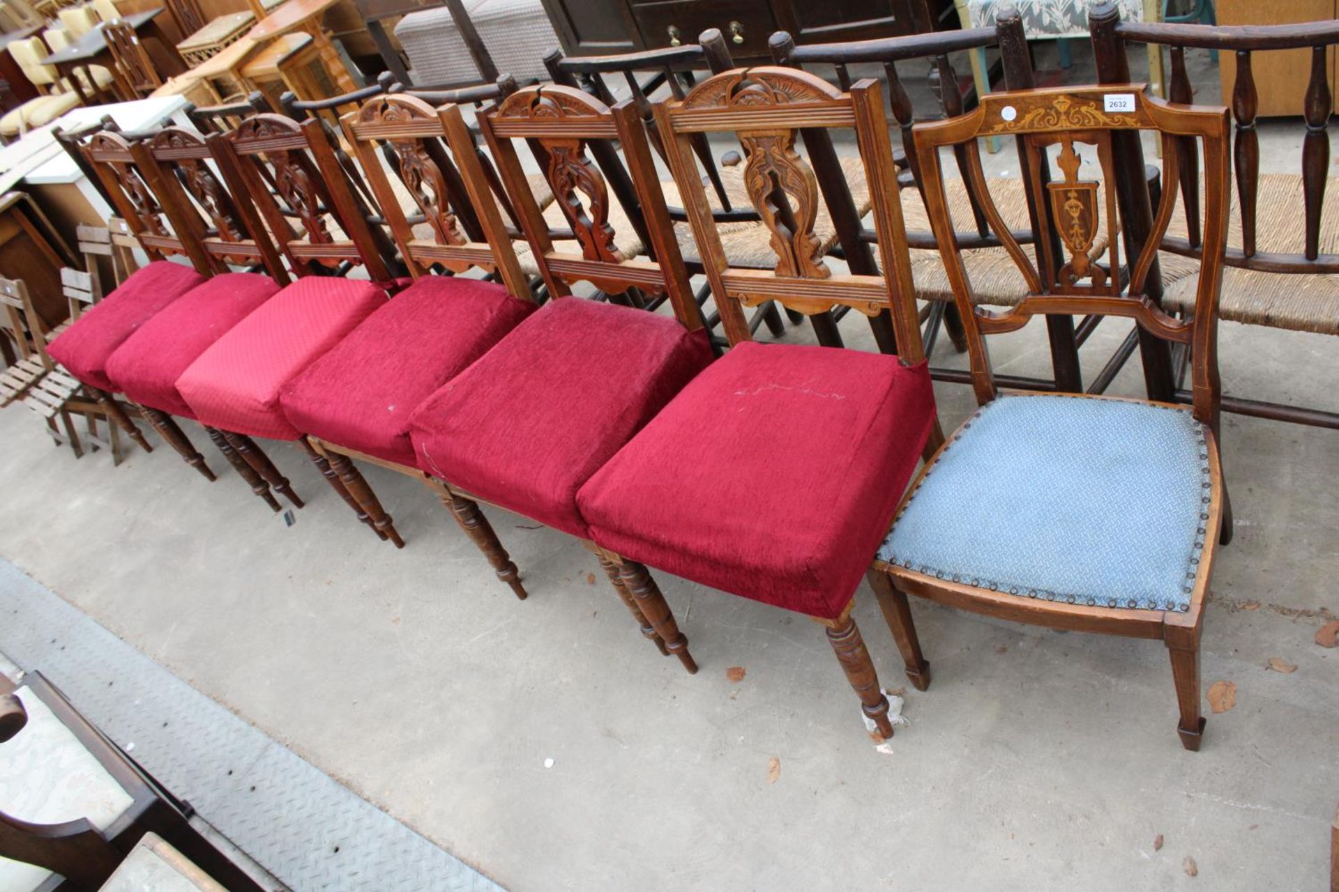 A SET OF SIX LATE VICTORIAN DINING CHAIRS AND AN EDWARDIAN BEDROOM CHAIR