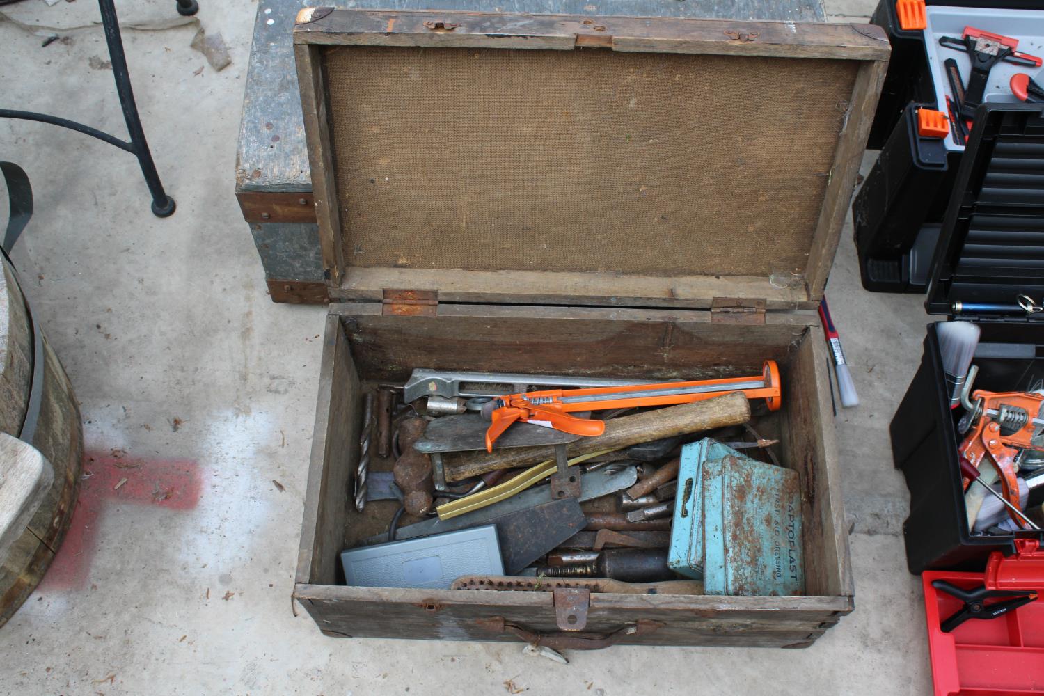 TWO VINTAGE WOODEN TOOL CHESTS WITH AN ASSORTMENT OF TOOLS TO INCLUDE HAMMERS AND SPANNERS ETC - Image 2 of 4