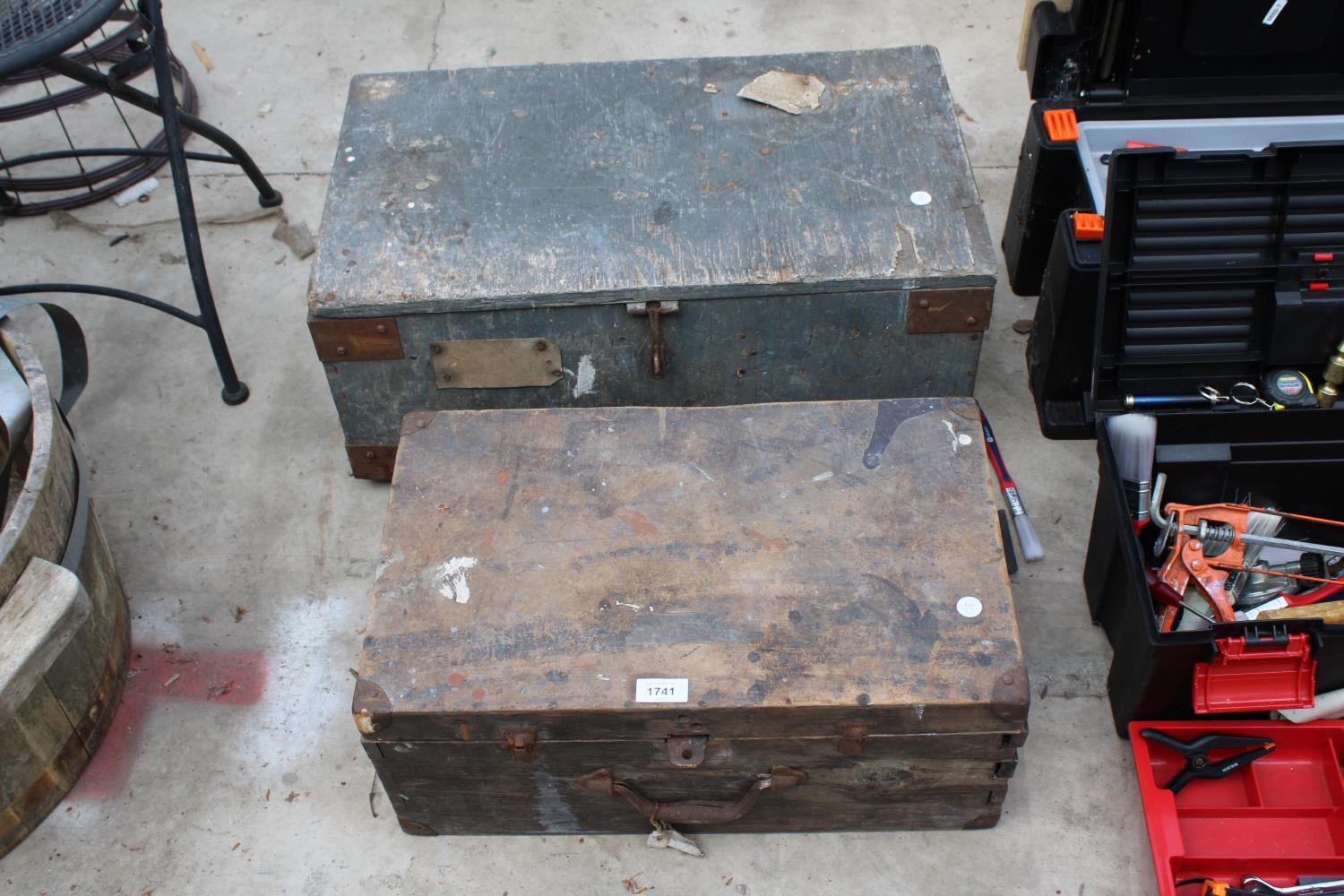 TWO VINTAGE WOODEN TOOL CHESTS WITH AN ASSORTMENT OF TOOLS TO INCLUDE HAMMERS AND SPANNERS ETC