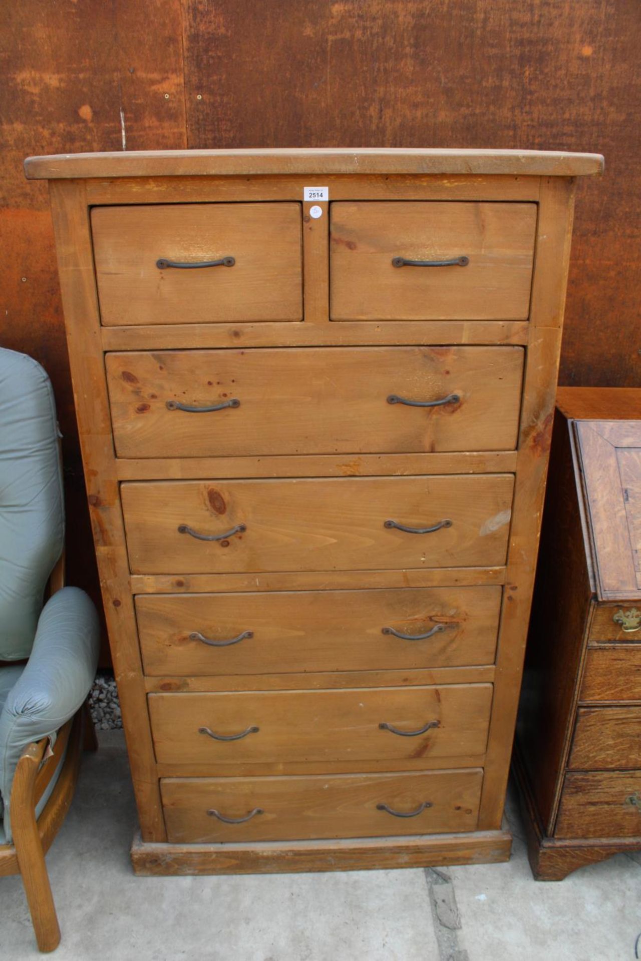 A TALL PINE CHEST OF TWO SHORT AND THREE LONG DRAWERS 36" WIDE
