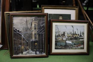 TWO FRAMED 'RAFFLES' HOTEL FIRST DAY COVERS, A LOWRY PRINT, PLUS TWO OTHER PRINTS - 4 IN TOTAL