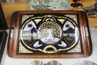 A LARGE PEACOCK AND BUTTERFLY WING DECORATIVE TRAY