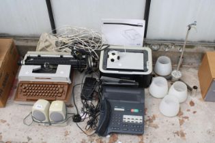 AN ASSORTMENT OF ITEMS TO INCLUDE A TYPEWROTER AND A FAX MACHINE ETC