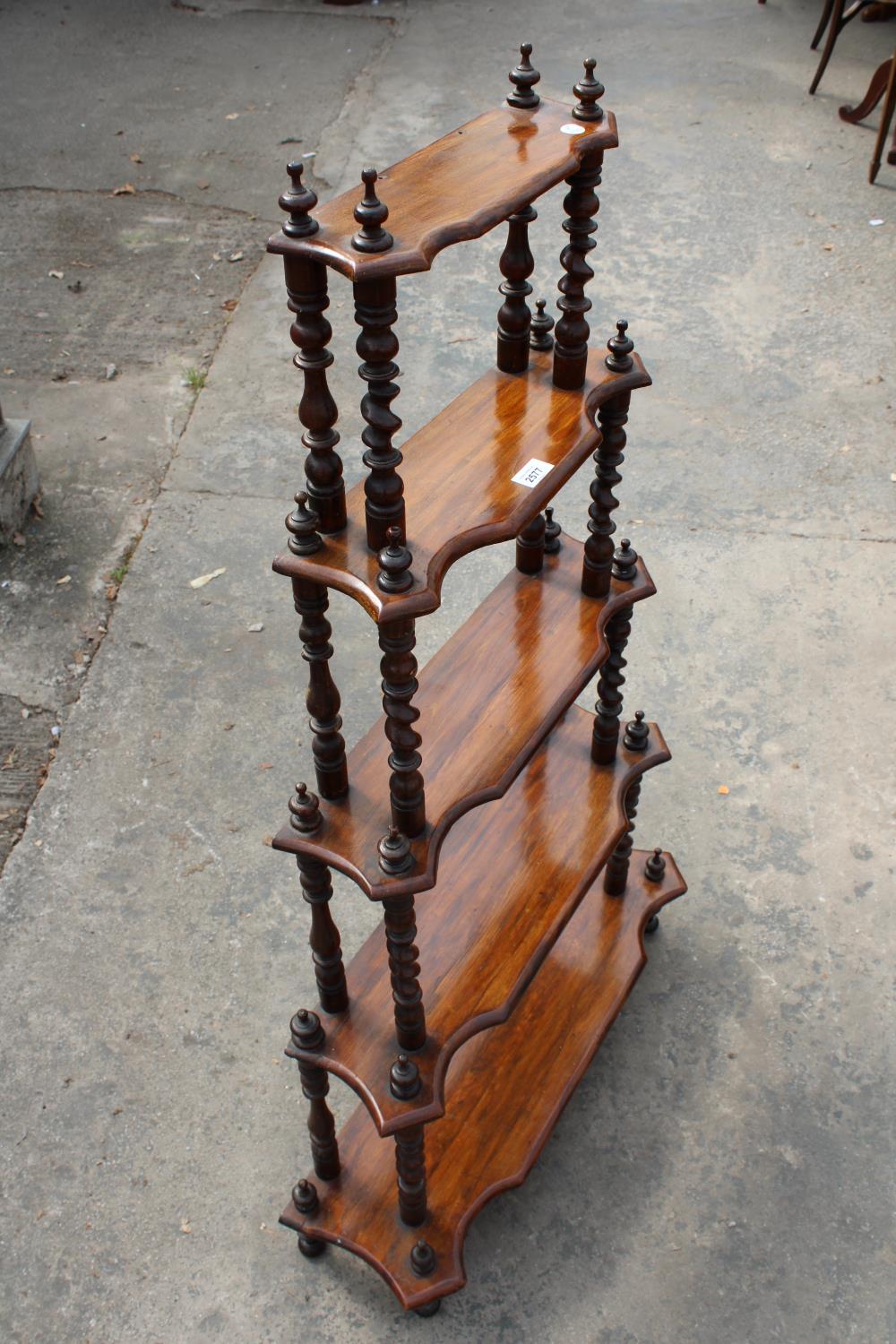 A VICTORIAN FIVE TIER WATERFALL WHATNOT WITH BARLEY TWIST UPRIGHTS, 29" WIDE - Image 2 of 3