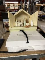 A MIXED LOT TO INCLUDE A TABLE RUNNER BY 'THE WHITE COMPANY', BOXED, A WOODEN NATIVITY SET AND A