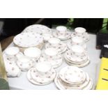 A VINTAGE COLCLOUGH CHINA TEASET, WITH ROSE PATTERN TO INCLUDE PLATES, CREAM JUGS, A SUGAR BOWL,